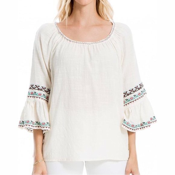 Max Studio Embroidered Ruffle sleeve peasant boho blouse Size Medium NWT - Picture 1 of 8